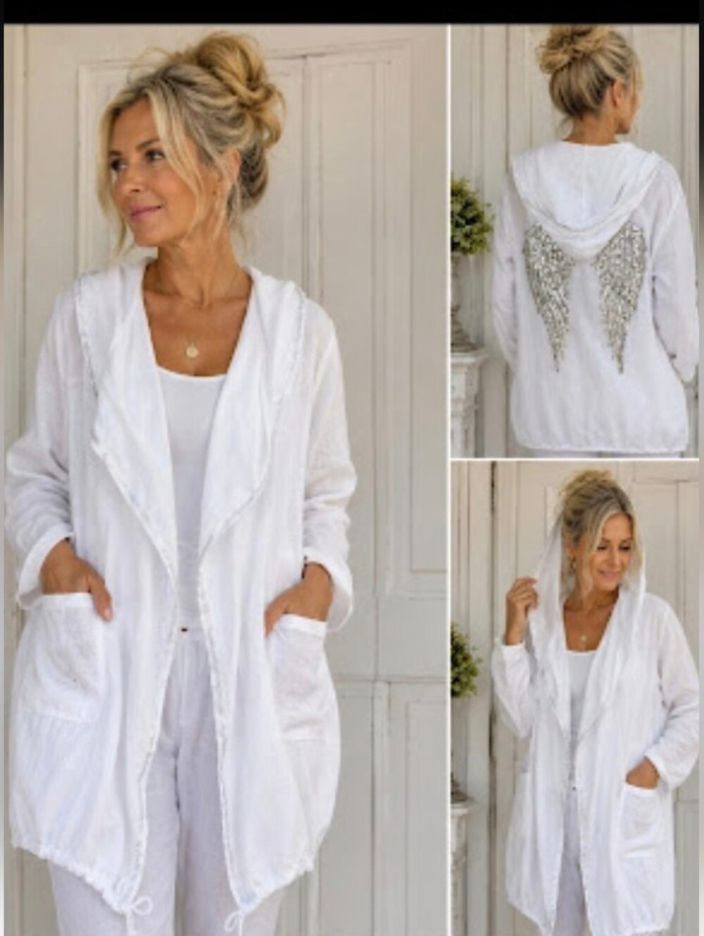 Sunny Studio Paris Italian Linen Blend Hooded Jacket Sequin Angel Wings White
